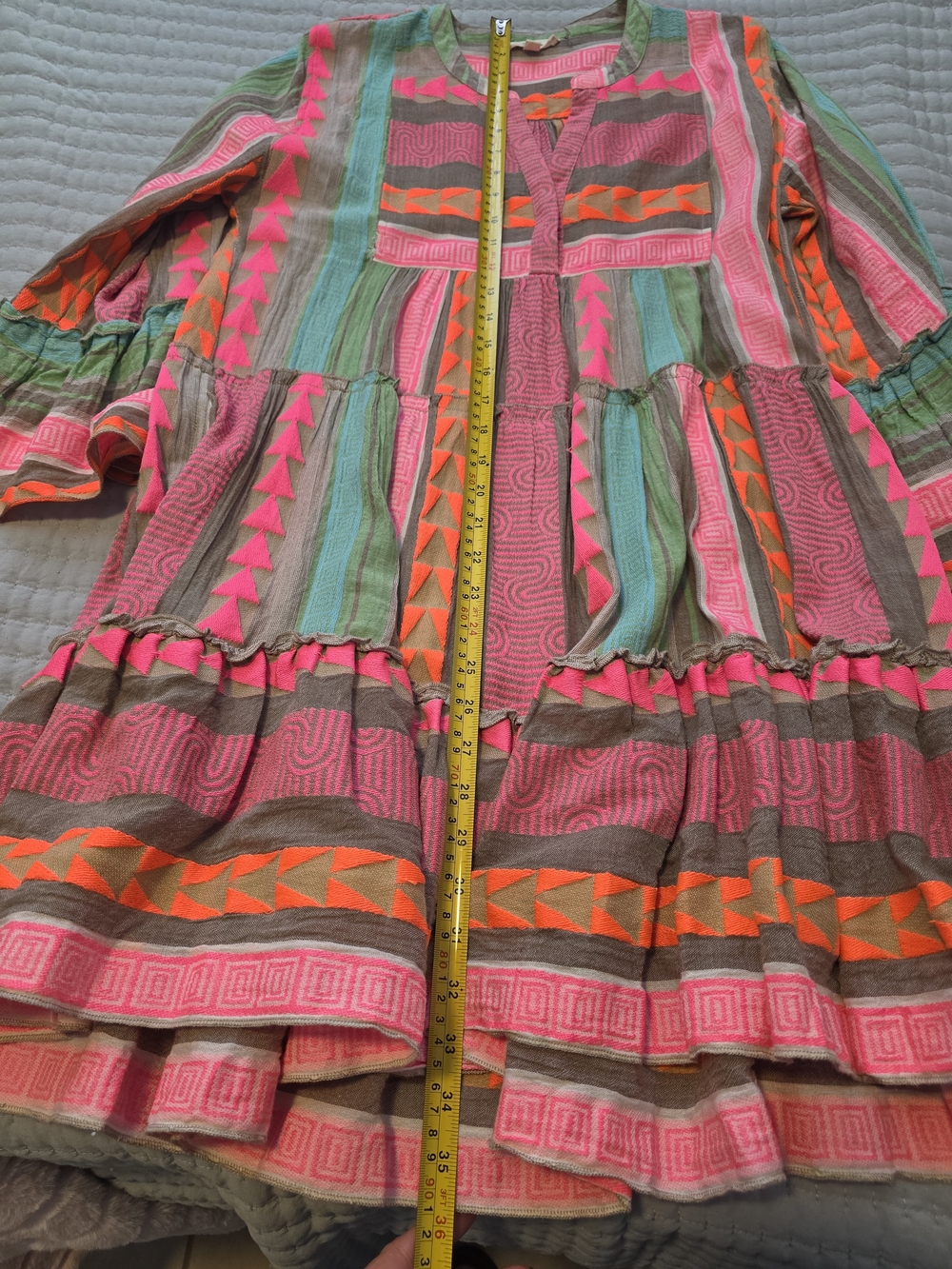 Elan Boho Tiered Geometric Mini Dress Colorful Bell Sleeve Size L - Picture 6 of 6